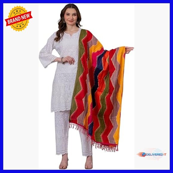 Tops - Hand Embroidered Cotton Kurta Set with Pant Dupatta Traditional Indian Tunic